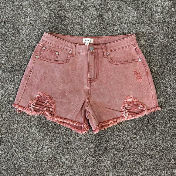 POL NWOT Women's Size Medium Thrashed Raw Hem Deep Rose High Waist Shorts Anthro - Picture 10 of 10